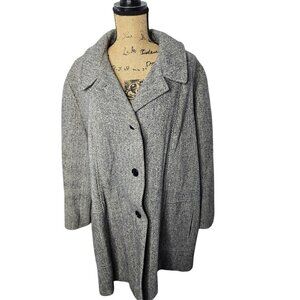 Vintage 80s 90s Black Herringbone Tweed Wool Coat